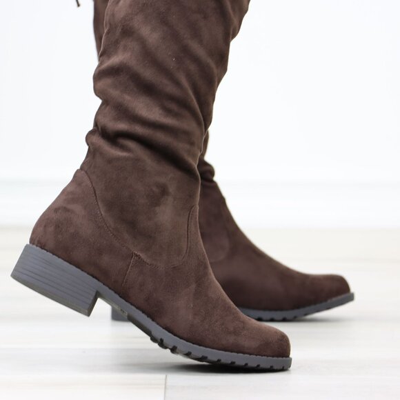 Brown Thigh High Over The Knee Flat Boots Faux Suede - Picture 6 of 14